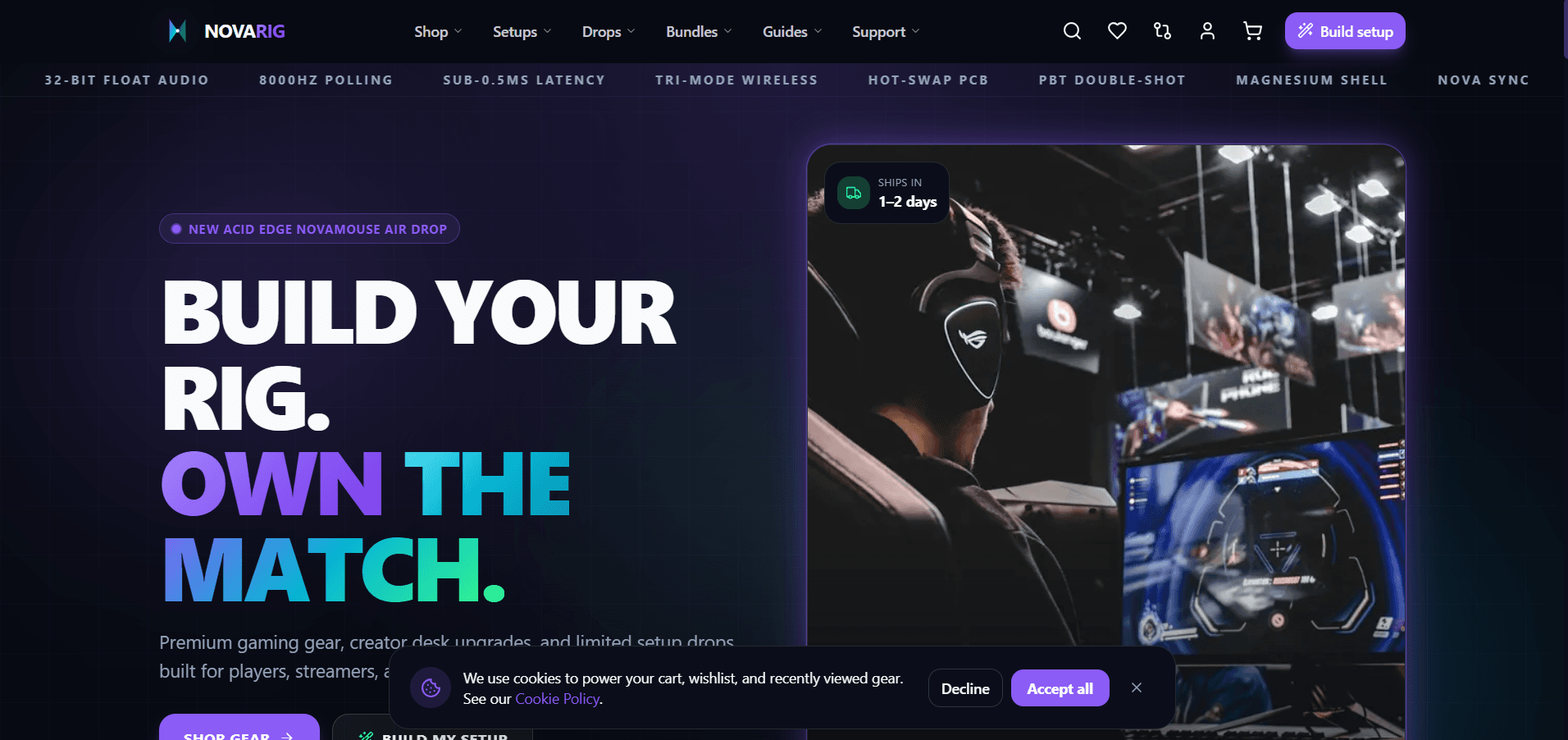 Nova Rig Premium Gaming Ecommerce Template next.js ecommerce website template preview showing Gaming storefront, Hero product launch, Product showcase
