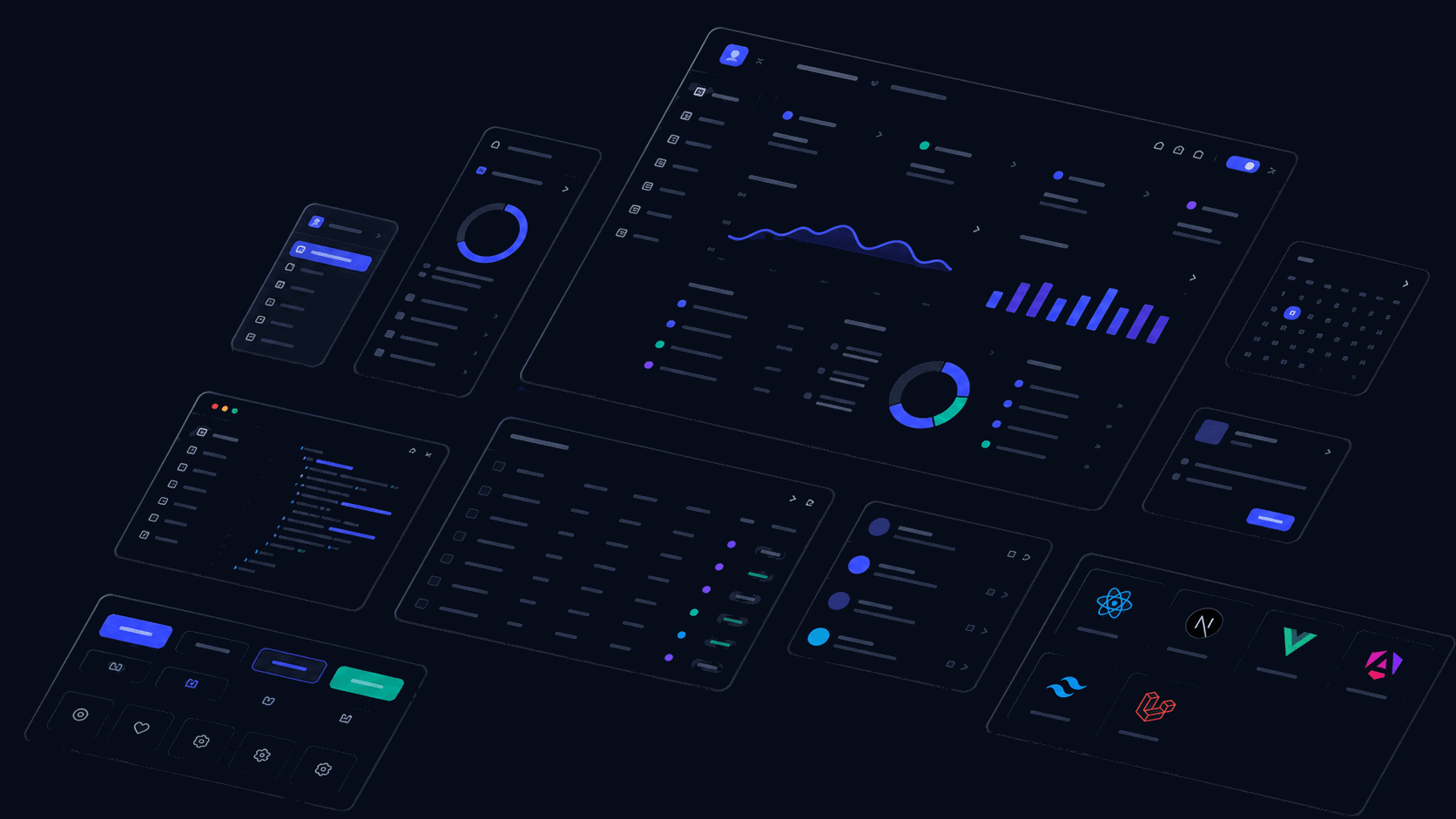 Dark isometric mtverse UI dashboard, component, chart, table, source view, and framework package previews