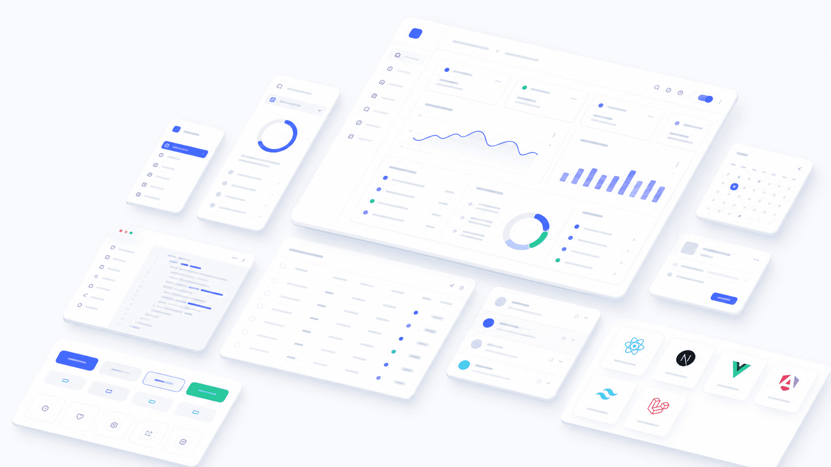 Isometric mtverse UI dashboard, component, chart, table, source view, and framework package previews
